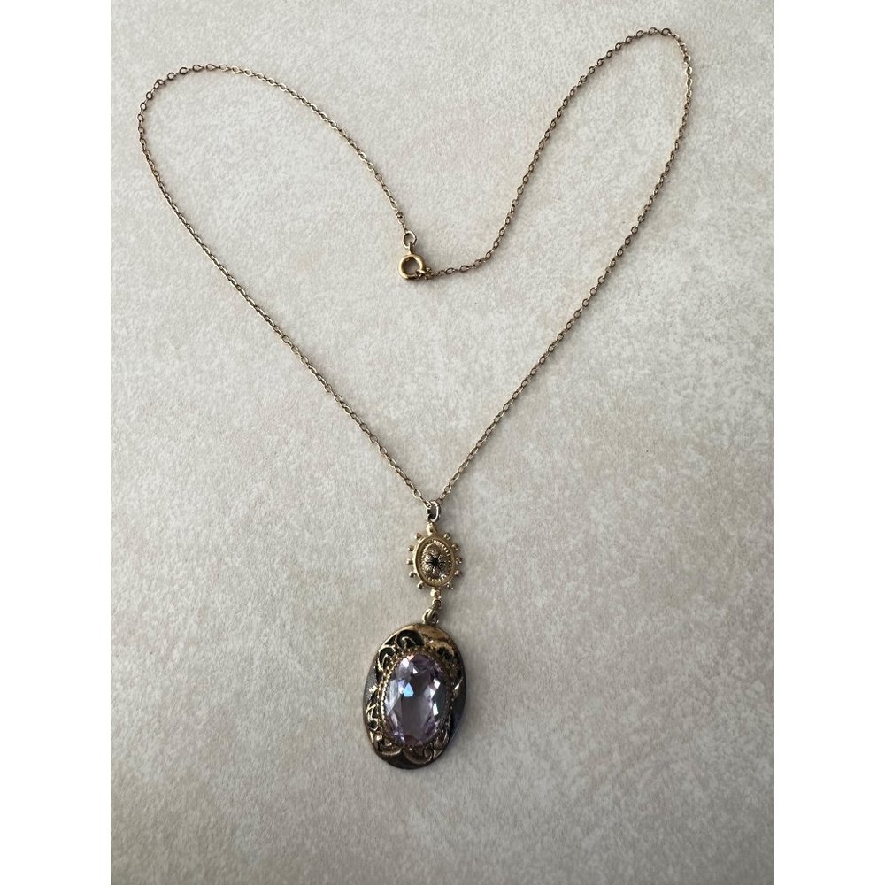 Antique Victorian gold filled Etruscan revival purple paste pendant necklace - Picture 4 of 10
